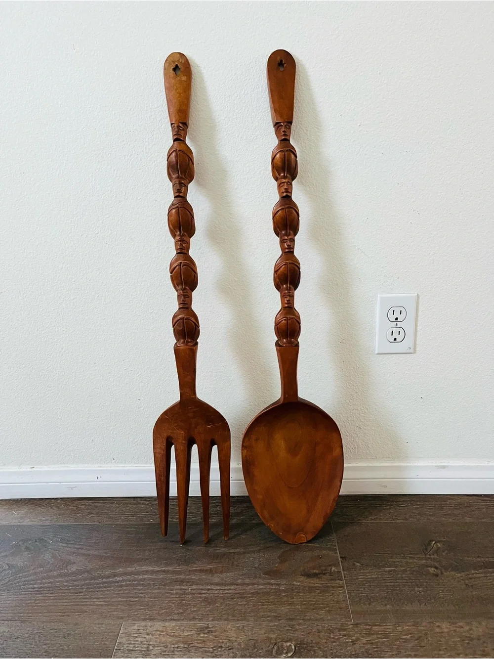 vintage hand carved wooden  Spoon And Fork Handles With Stacked Human Figures 31